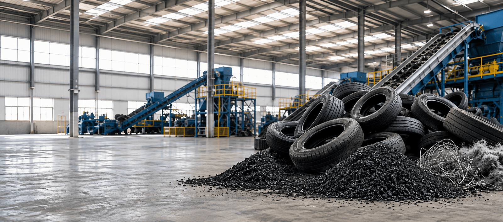 End-of-life tyres and recovered crumb rubber inside a recycling facility